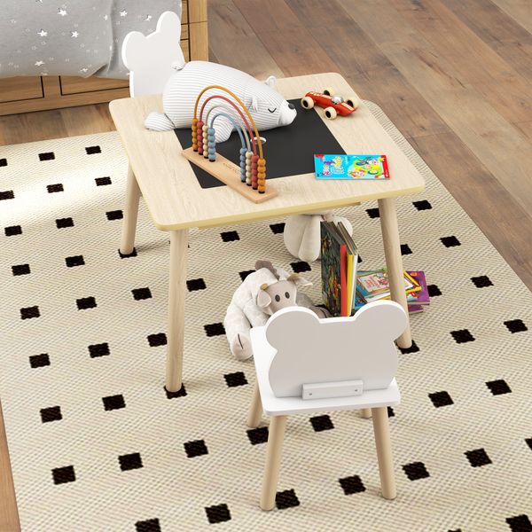 Set tavolo 3 in 1 e 2 sedie per bambini con schienale a orsetto, età 3-6 anni, colore legno - 