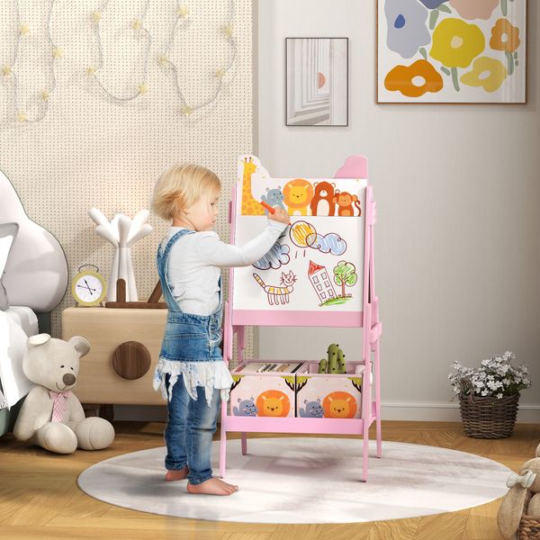 Cavalletto artistico per bambini 3-8 anni con lavagna a 2 lati e 2 cestini contenitori, in legno, 53.5x49x113 cm, rosa - 
