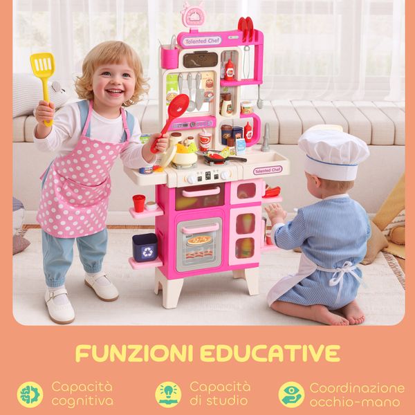 Cucina giocattolo per bambini 3-6 anni con 104 accessori, in pp, pe e abs, 52.5x22x100 cm, rosa - 