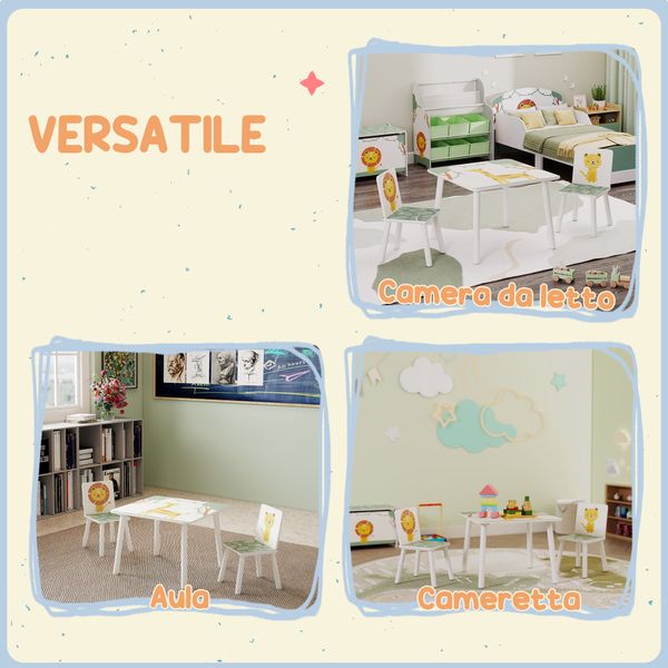 Set arredo cameretta con tavolo e 2 sedie per bambini da 3-8 anni con fantasia con animali, verde - 