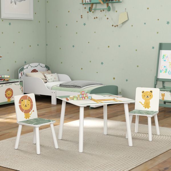 Set arredo cameretta con tavolo e 2 sedie per bambini da 3-8 anni con fantasia con animali, verde - 