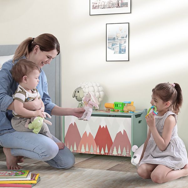 Baule portagiochi per bambini con coperchio e cerniera di sicurezza in mdf, 60x37x39cm, verde - 
