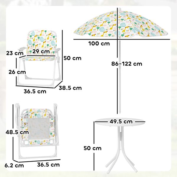 Set da giardino per bambini 2-5 anni con tavolino rotondo, 2 sedie pieghevoli e un ombrellone, bianco - 
