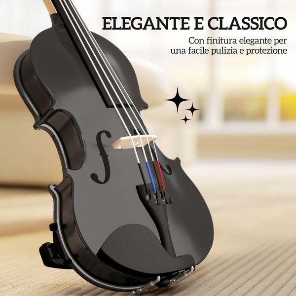Violino 4/4 in legno di abete e acero con custodia, arco, spalliera e pece, nero - 
