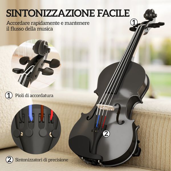 Violino 4/4 in legno di abete e acero con custodia, arco, spalliera e pece, nero - 