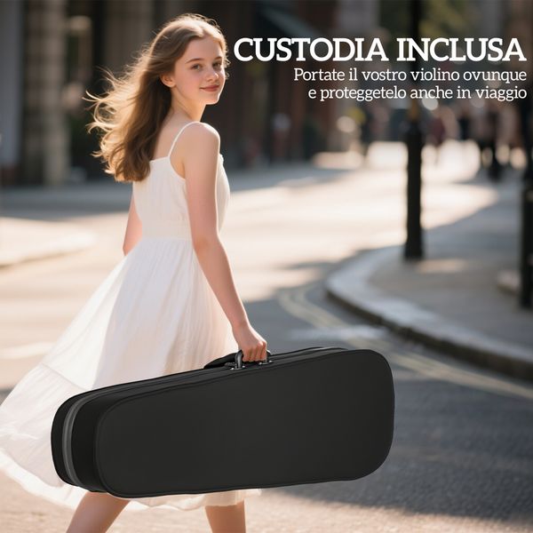 Violino 4/4 in legno di abete e acero con custodia, arco, spalliera e pece, nero - 