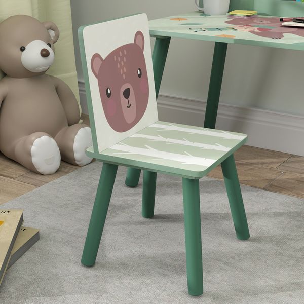Set sedia e tavolino per bambini con ripiano portaoggetti, in mdf e legno di pino, verde - 