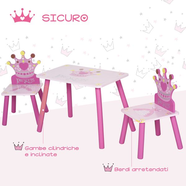 Set tavolo e 2 sedie a tema principesse per cameretta bambini in legno rosa con schienale a forma di corona - 