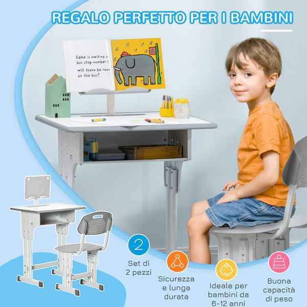 Banco scuola con sedia ad altezza regolabile e luce per bambini 6-12 anni, acciaio e mdf, grigio - 