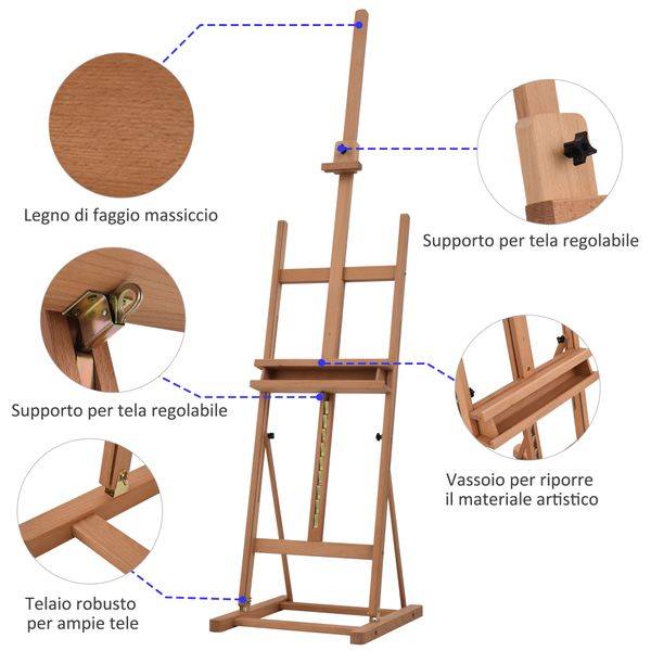 Cavalletto da pittore regolabile in legno di faggio con vano contenitore, 53x50.5x171-230cm - 