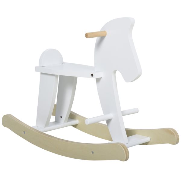Cavallo a dondolo bambini da 1-3 anni in legno con maniglie e poggiapiedi, 68x26.5x48 cm, bianco - 