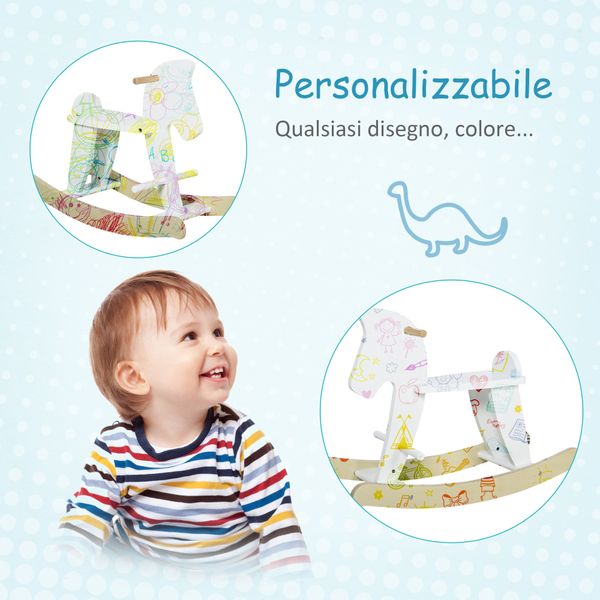 Cavallo a dondolo bambini da 1-3 anni in legno con maniglie e poggiapiedi, 68x26.5x48 cm, bianco - 