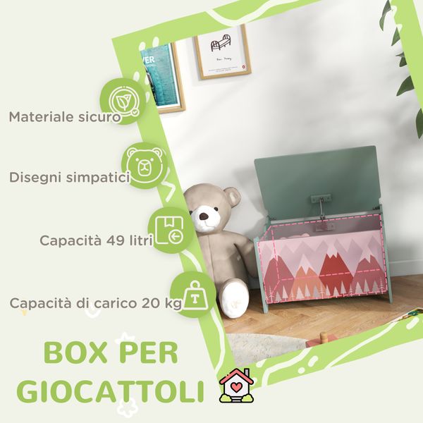 Baule portagiochi per bambini con coperchio e cerniera di sicurezza in mdf, 60x37x39cm, verde - 