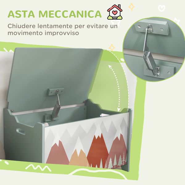 Baule portagiochi per bambini con coperchio e cerniera di sicurezza in mdf, 60x37x39cm, verde - 
