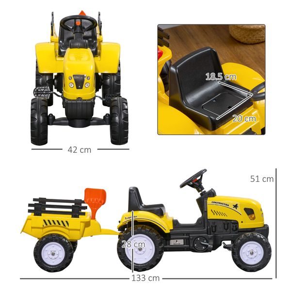 Trattore a pedali per bambini da 3+ anni con rimorchio, rastrello, pala e clacson, giallo - 