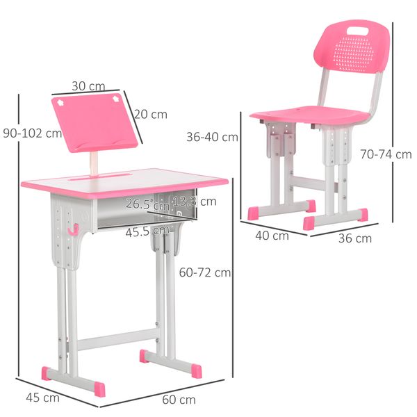 Banco scuola con sedia ad altezza regolabile per bambini 6-12 anni, acciaio e mdf, rosa - 