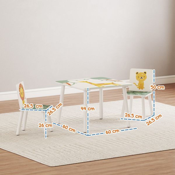 Set arredo cameretta con tavolo e 2 sedie per bambini da 3-8 anni con fantasia con animali, verde - 
