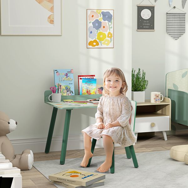 Set sedia e tavolino per bambini con ripiano portaoggetti, in mdf e legno di pino, verde - 