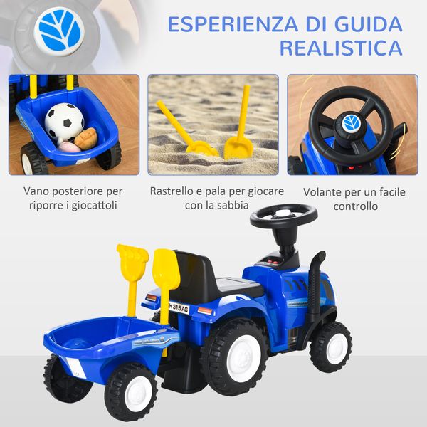 Trattore per bambini cavalcabile con rimorchio, rastrello e pala, gioco educativo per bimbi 12-36 mesi, 91x29x44cm, blu - 