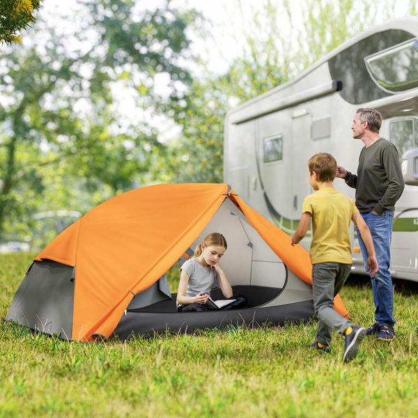 Tenda da campeggio 2 posti con 2 vestiboli, 2 porte, 2 finestre e borsa di trasporto, 2.8x2.25x1.1 cm, arancione - 