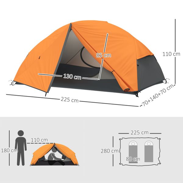 Tenda da campeggio 2 posti con 2 vestiboli, 2 porte, 2 finestre e borsa di trasporto, 2.8x2.25x1.1 cm, arancione - 
