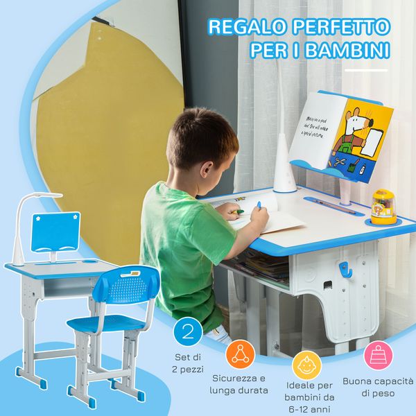 Banco scuola con sedia ad altezza regolabile e luce per bambini 6-12 anni, acciaio e mdf, grigio - 