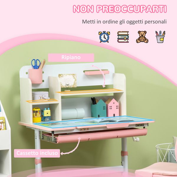 Banco scuola con sedia per bambini 3-12 anni, altezza regolabile e piano inclinabile, rosa - 