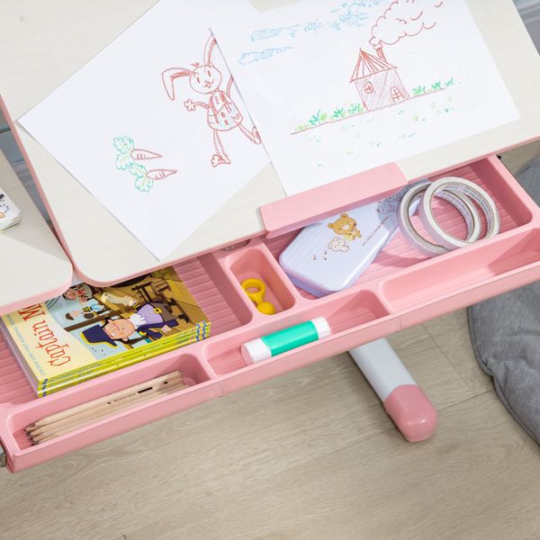 Banco scuola con sedia per bambini 3-12 anni, altezza regolabile e piano inclinabile, rosa - 