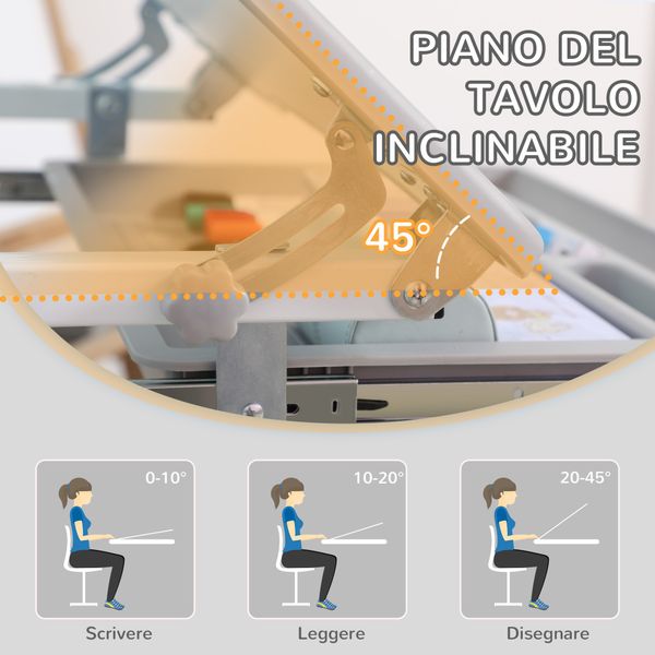 Banco scuola per bambini 6-12 anni con sedia e altezza regolabile, piano inclinabile, 66x47x52-77 cm, grigio - 