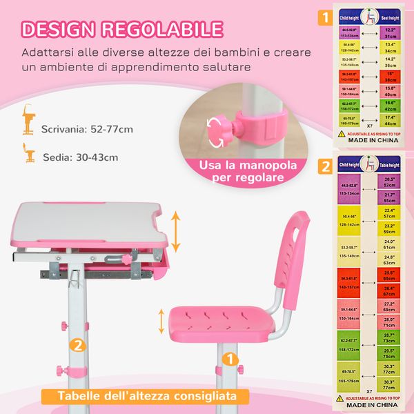 Banco scuola per bambini 6-12 anni con sedia e altezza regolabile, piano inclinabile, 66x47x52-77 cm, rosa - 