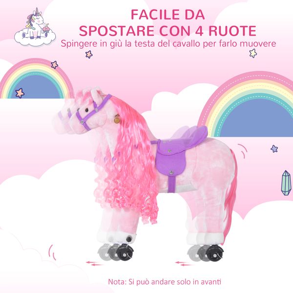 Cavallo a dondolo per bambini 2+ anni con 4 rotelle, suoni realistici e poggiapiedi, 65x28x75 cm, rosa - 