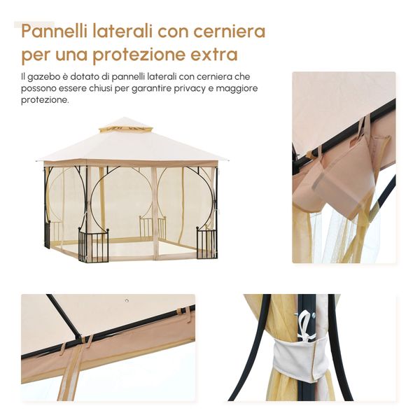 Gazebo da giardino 3x3m in metallo con zanzariere e tettuccio in poliestere, beige - 