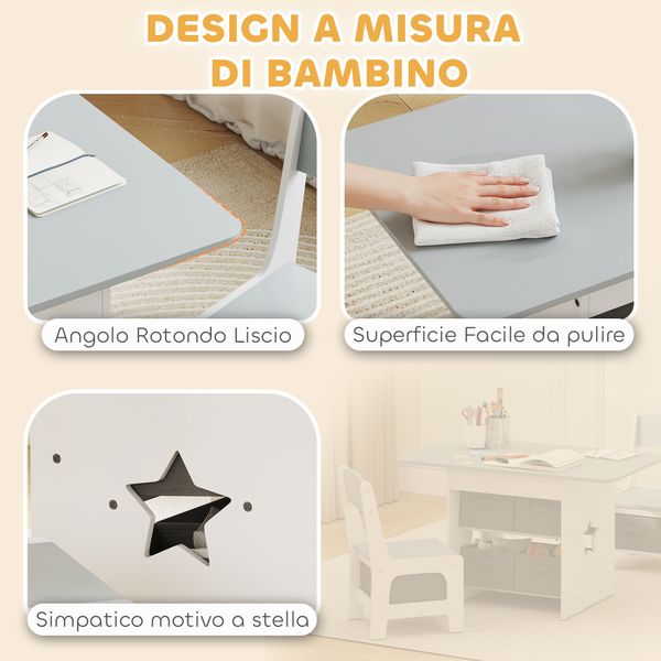 Set tavolo e sedie per bambini 3-8 anni con 6 cassetti e bordi arrotondati, in legno e tessuto, grigio e bianco - 