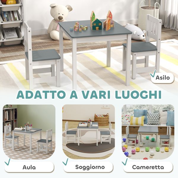 Set tavolo e sedie per bambini da 3-8 anni 3 pz in legno con bordi arrotondati, grigio e bianco - 