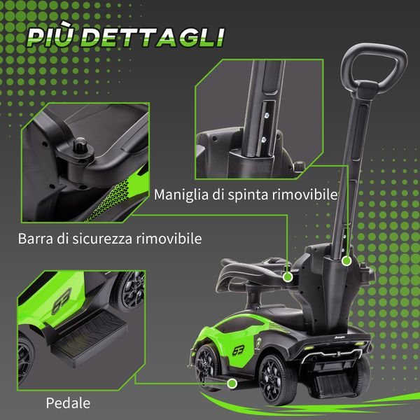 Macchinina lamborghini ufficiale 2 in 1 con maniglione e barriera di sicurezza, verde/nero, 12-36 mesi - 