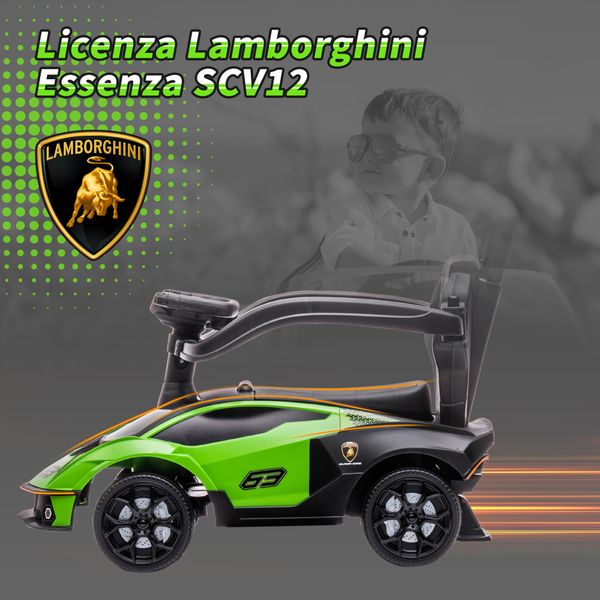 Macchinina lamborghini ufficiale 2 in 1 con maniglione e barriera di sicurezza, verde/nero, 12-36 mesi - 
