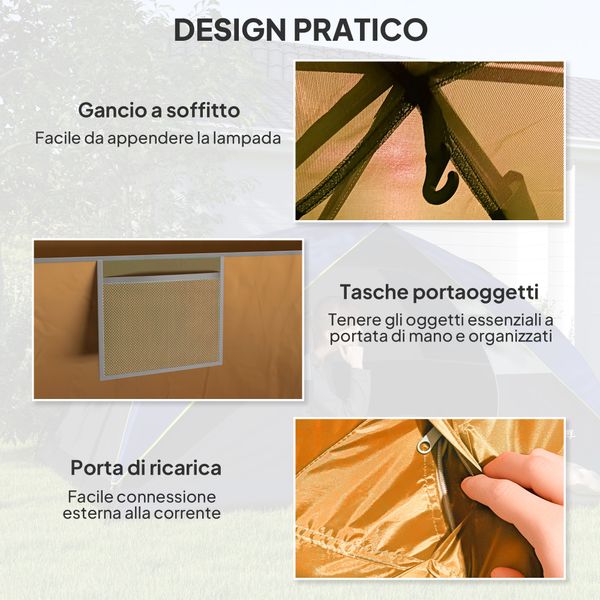Tenda da campeggio per 3 persone impermeabile con tasche, gancio per lanterna e borsa di trasporto, arancione - 