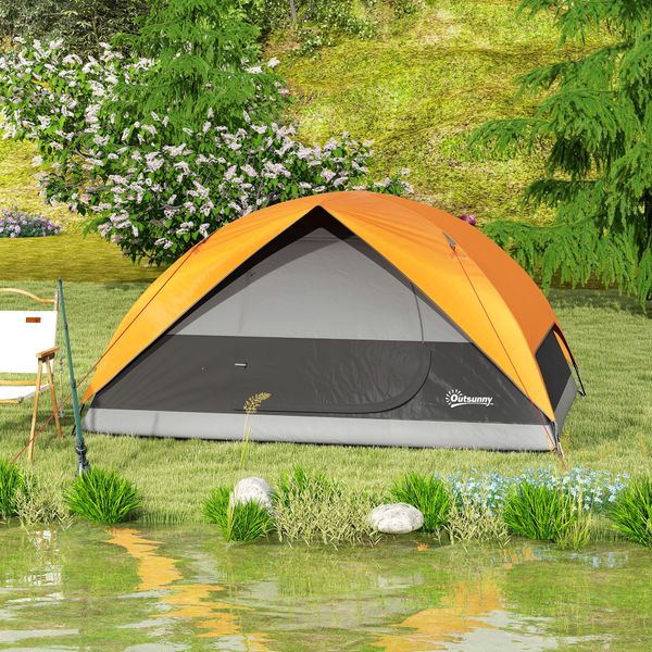 Tenda da campeggio per 3 persone impermeabile con tasche, gancio per lanterna e borsa di trasporto, arancione - 