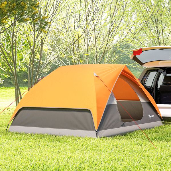 Tenda da campeggio per 3 persone impermeabile con tasche, gancio per lanterna e borsa di trasporto, arancione - 
