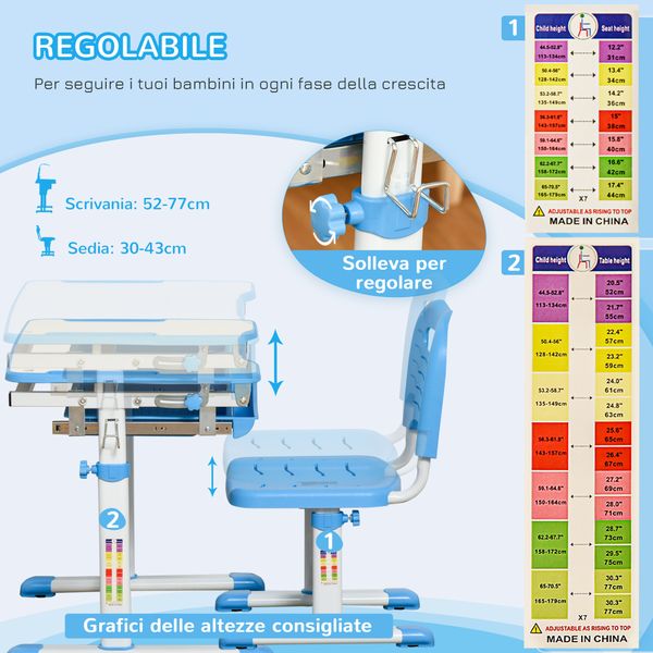 Banco scuola per bambini 6-12 anni con sedia regolabile, cassetto e piano inclinabile, 66x47x52-77 cm, blu - 