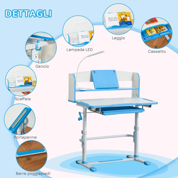 Banco scuola per bambini 6-12 anni regolabile con luce led, leggio e portapenne, in mdf, pp e acciaio, azzurro - 