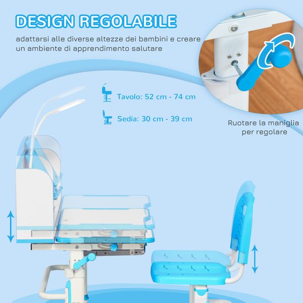 Banco scuola per bambini 6-12 anni regolabile con luce led, leggio e portapenne, in mdf, pp e acciaio, azzurro - 