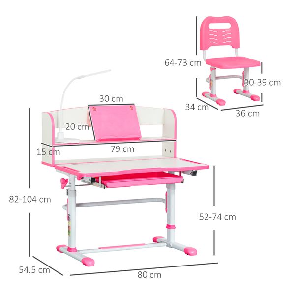Banco scuola per bambini 6-12 anni regolabile con luce led, leggio e portapenne, in mdf, pp e acciaio, rosa - 