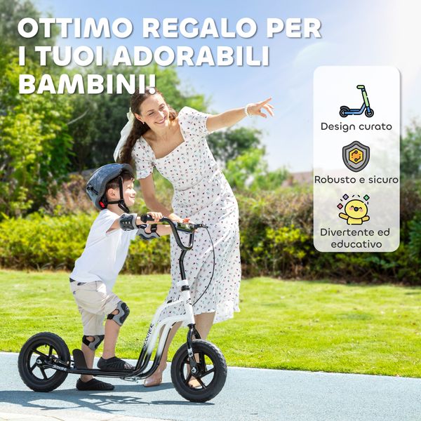 Monopattino per bambini 5-12 anni con freno, cavalletto e manubrio regolabile, 129x52x80-88 cm, bianco e nero - 