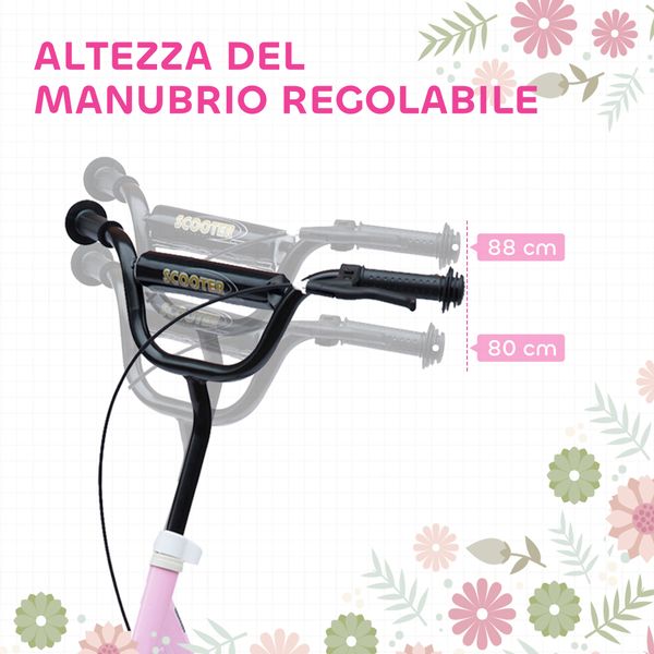 Monopattino per bambini 5-12 anni con freno posteriore e manubrio regolabile, 120x52x80-88 cm, rosa - 