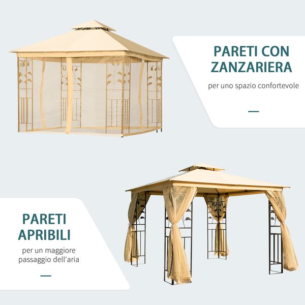 Gazebo da giardino 3x3m con zanzariera, telaio in acciaio e doppio tettuccio, beige - 
