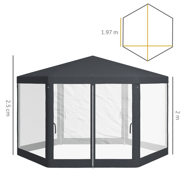 Gazebo da giardino esagonale con doppio ingresso, in metallo e poliestere, 3.94x3.94x2.5 m, grigio - 
