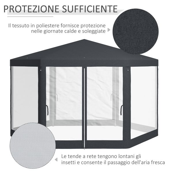 Gazebo da giardino esagonale con doppio ingresso, in metallo e poliestere, 3.94x3.94x2.5 m, grigio - 