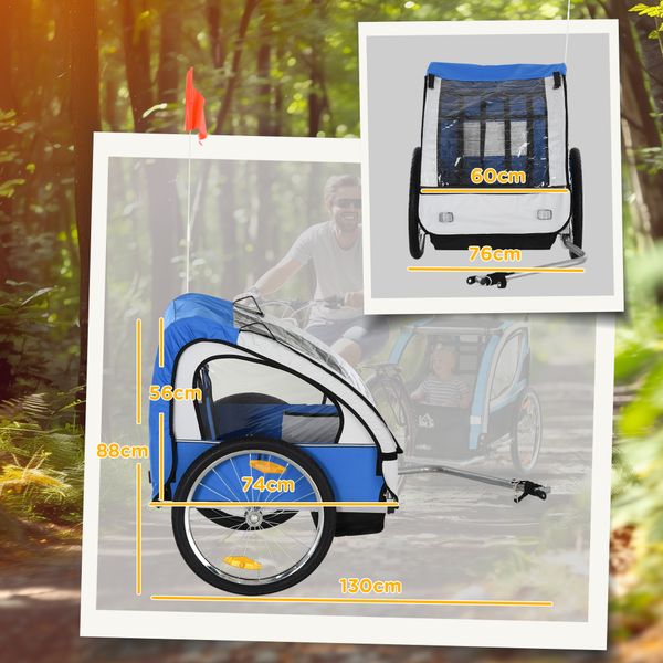 Rimorchio bici bambini con 2 posti, 2 cinture di sicurezza, telaio in acciaio e copertura in tessuto oxford blu - 