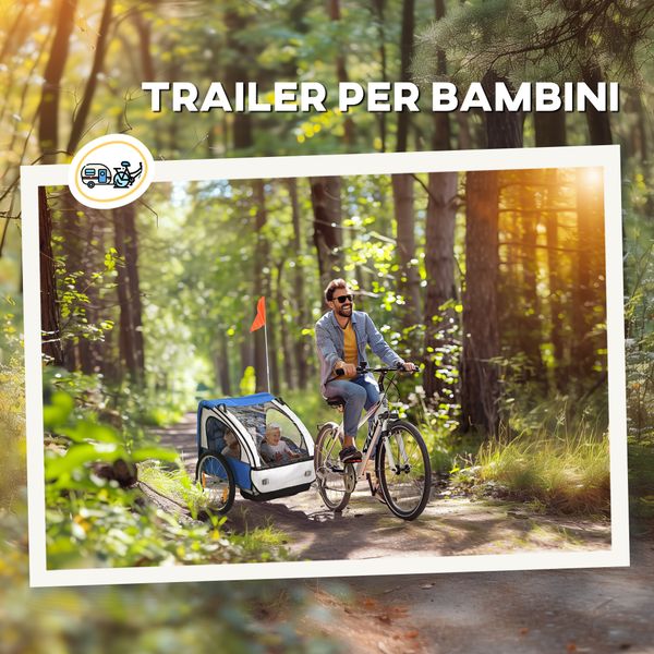Rimorchio bici bambini con 2 posti, 2 cinture di sicurezza, telaio in acciaio e copertura in tessuto oxford blu - 